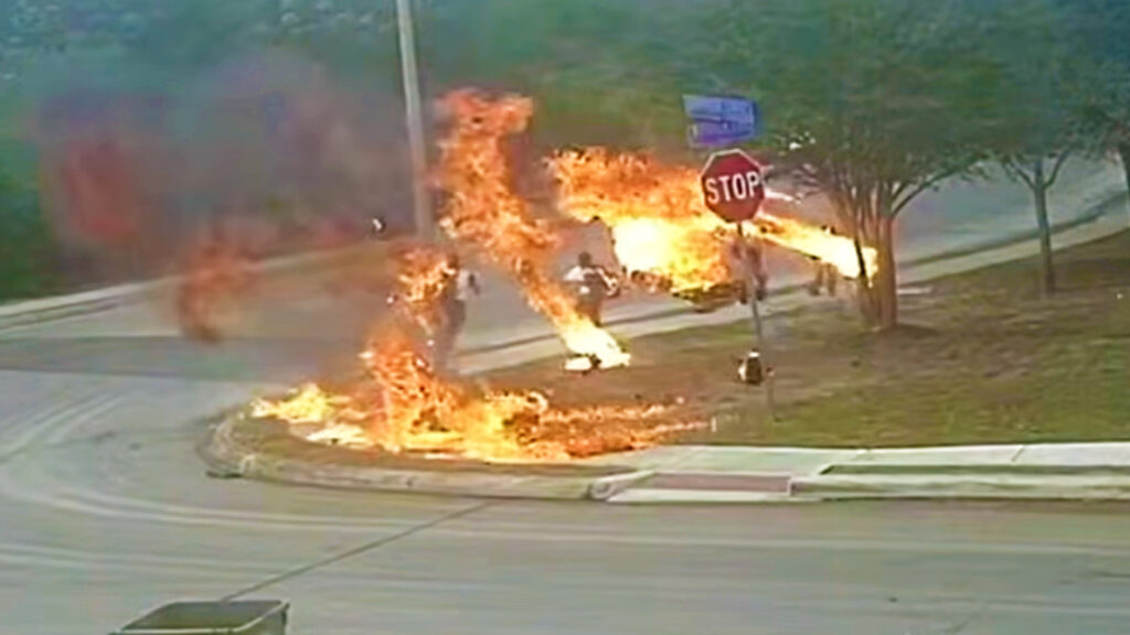  Bike Crashes Into Curb And Bursts Into Flames, Nearly Taking Four Kids With It
