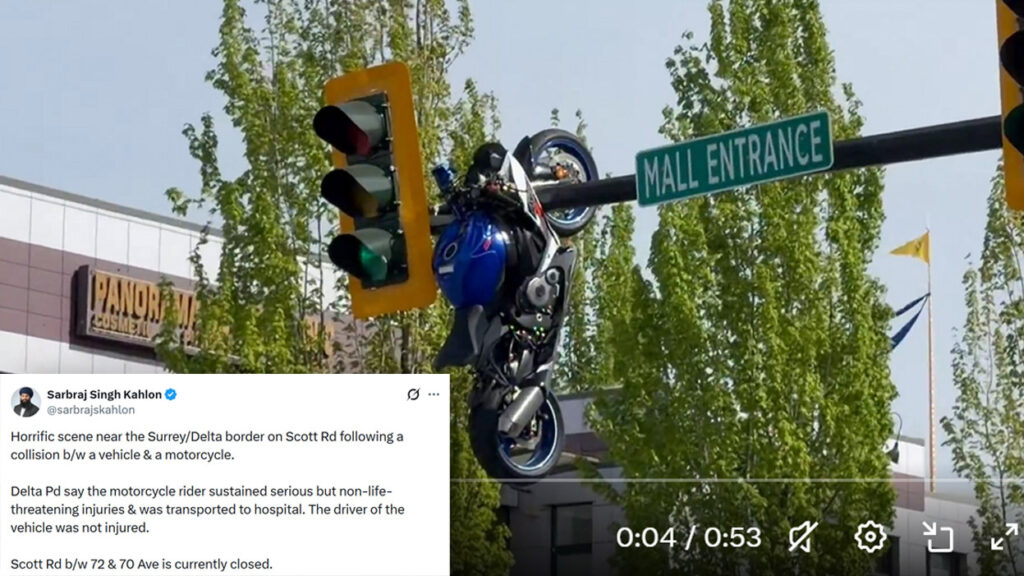 A Suzuki Superbike Collided With A BMW And Ended Up Dangling From A Traffic Light