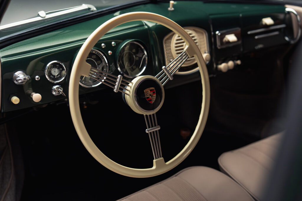 Porsche 911 GT3 Earls Court 51 Edition bespoke interior featuring Chalk Beige seats with corduroy inserts, Night Green leather, and Paldao wood accents