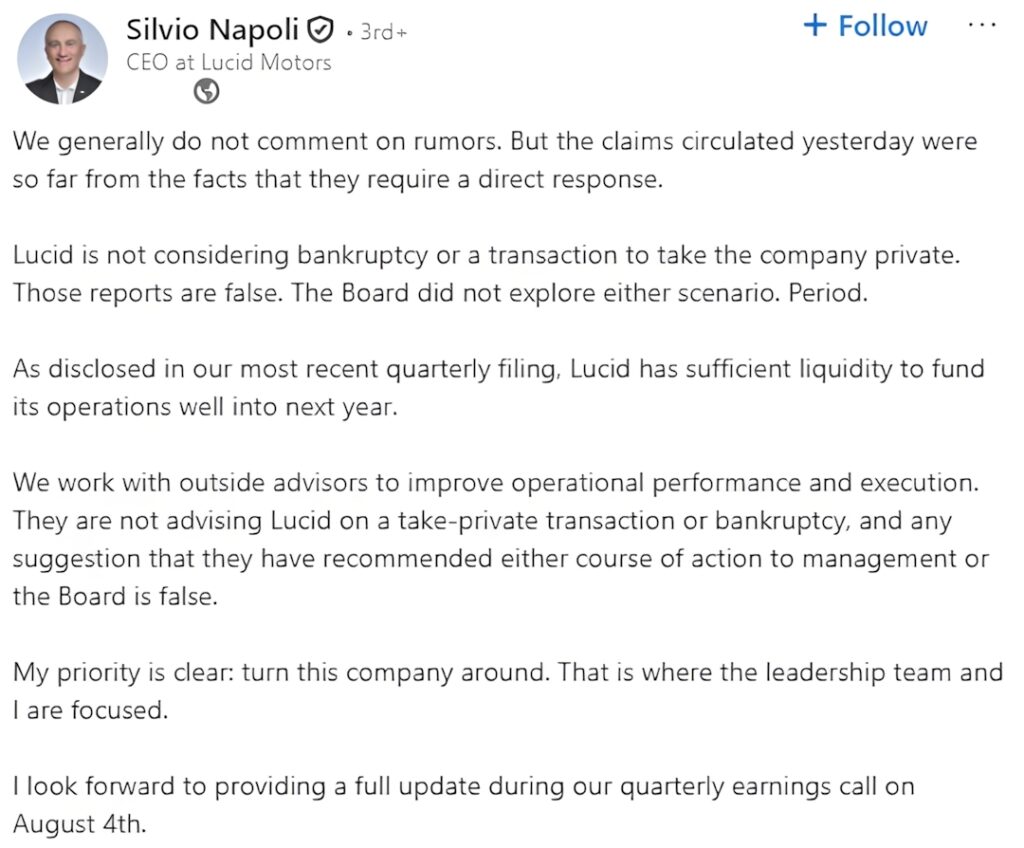  A Bankruptcy Rumor Halved Lucid&rsquo;s Stock. CEO&rsquo;s Denial Sent It Up 29%