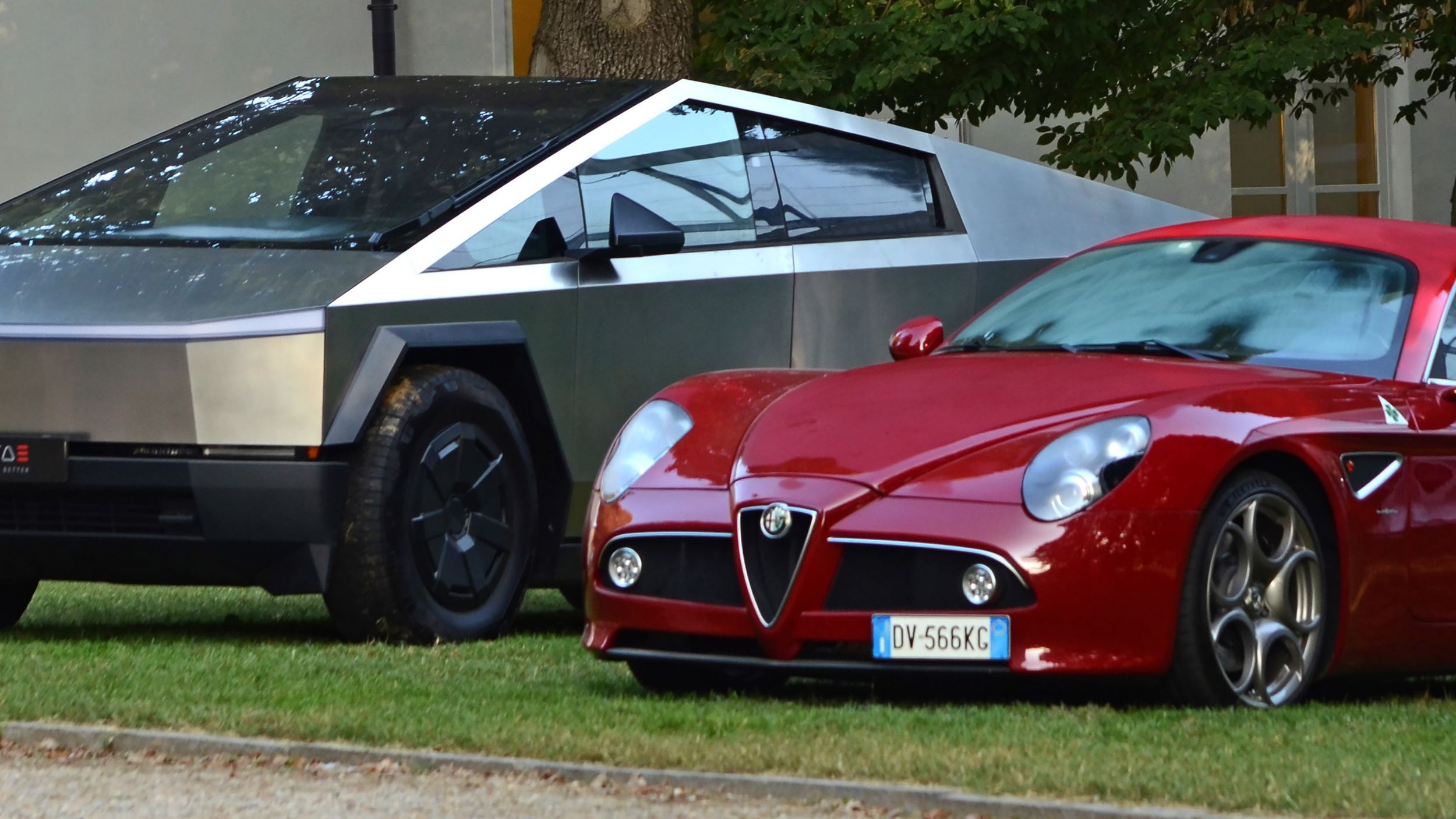 The Beauty And The Stainless Beast: Alfa Romeo 8C Hangs Out With Tesla Cybertruck