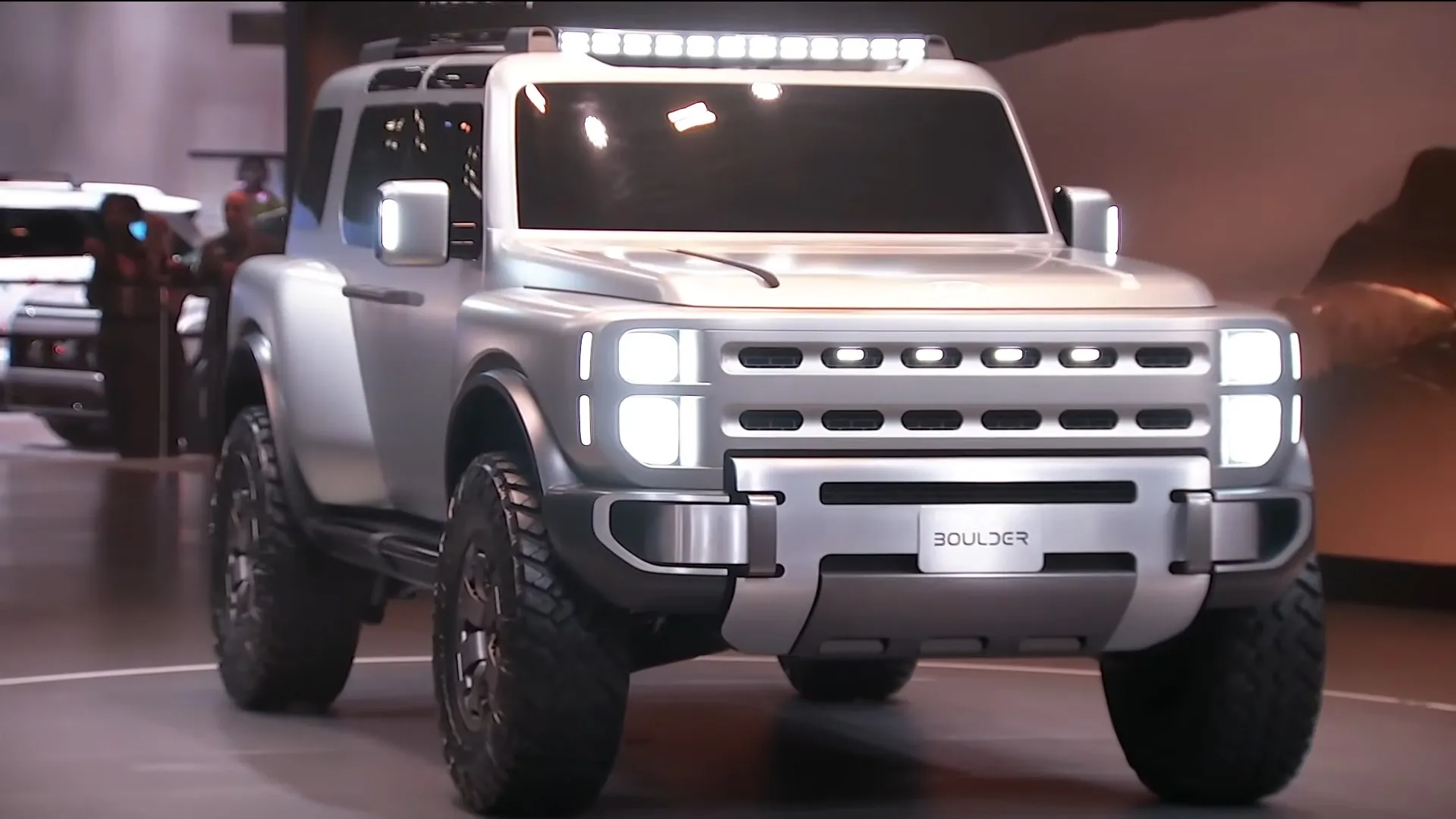Hyundai Boulder concept front view showing grille with LED DRLs, tow hooks, and off-road bumper
