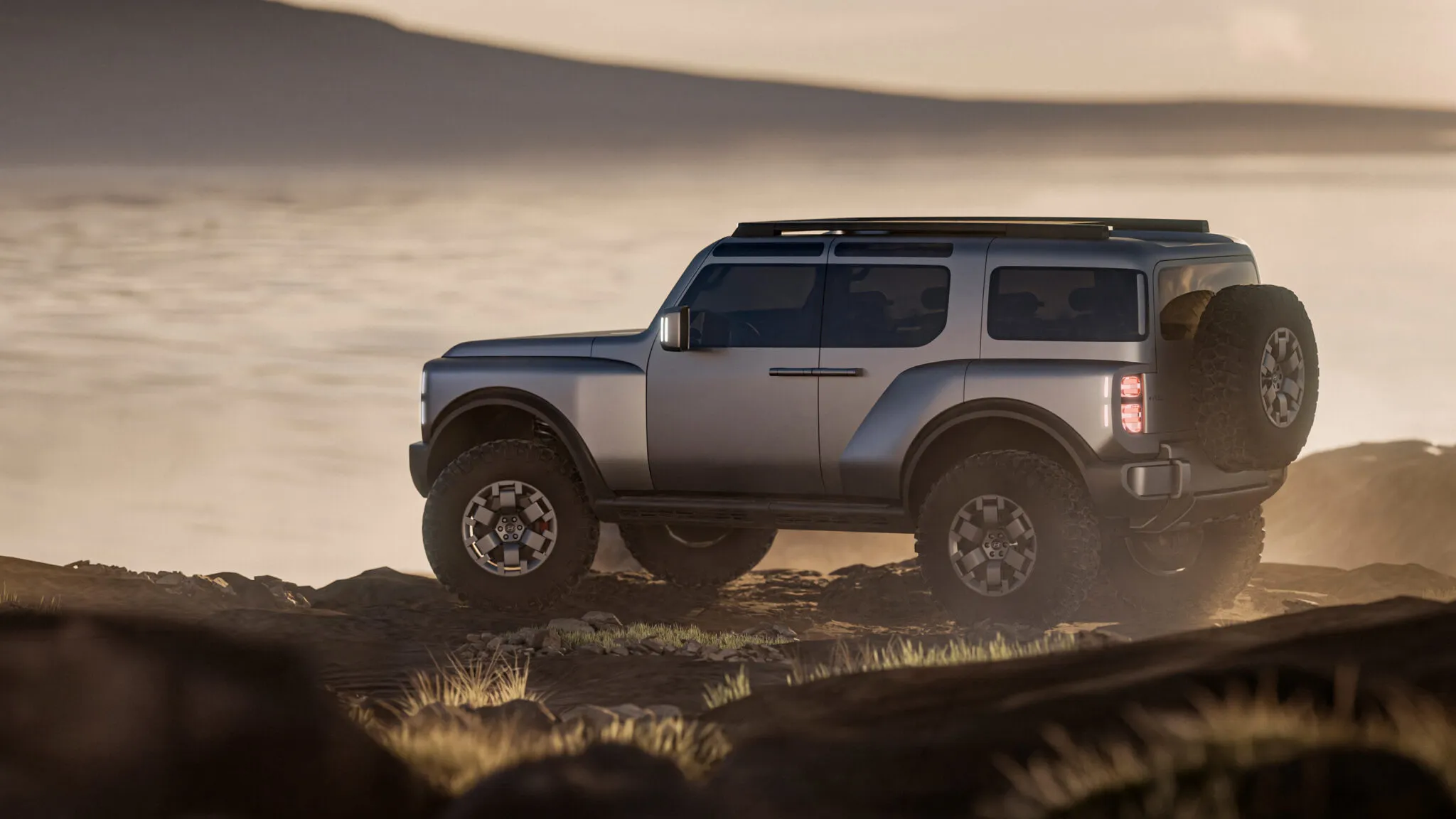 Hyundai Boulder concept side profile showing 37-inch off-road tires and coach-style doors