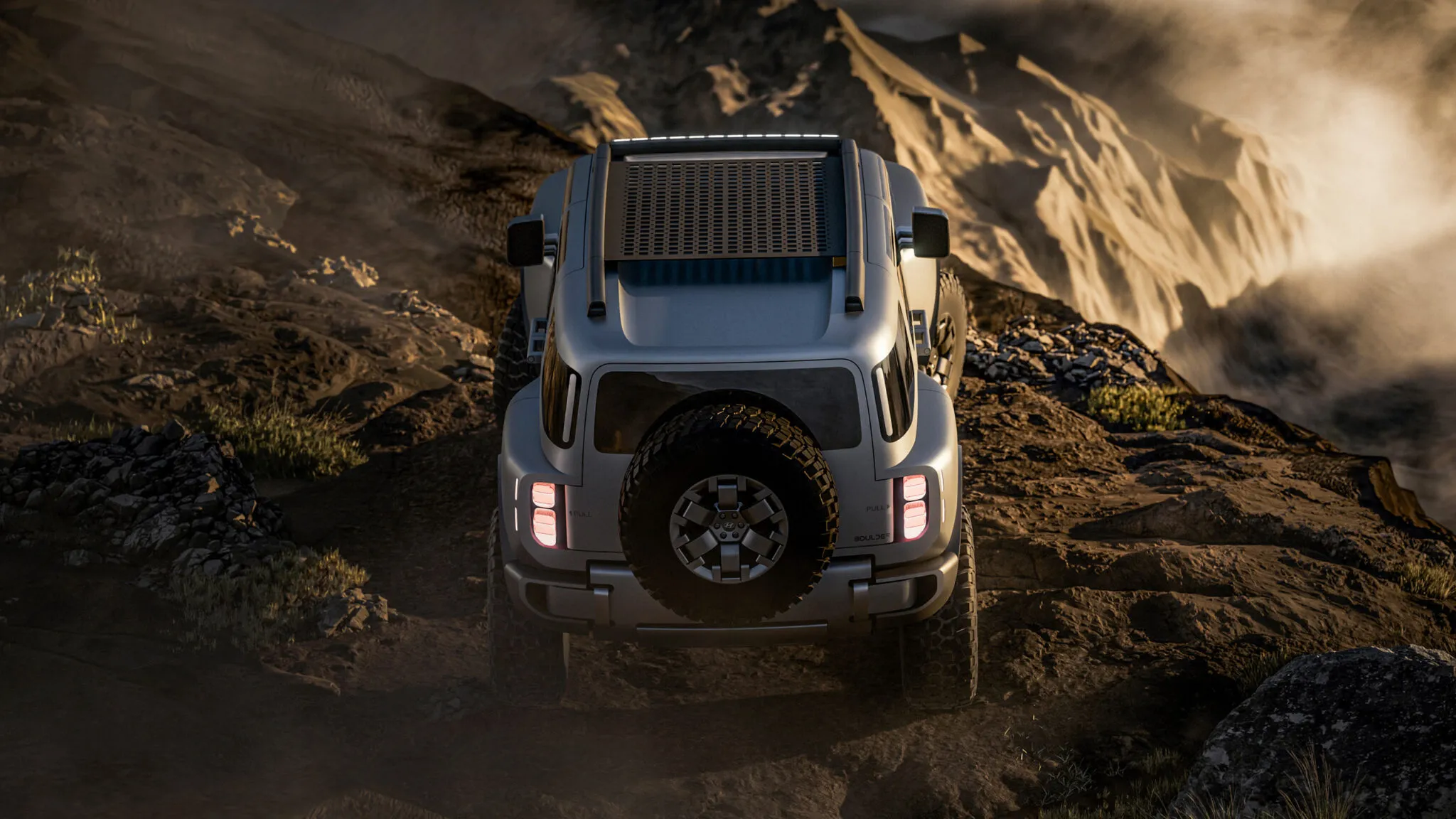 Hyundai Boulder concept rear view with spare tire and double-hinged tailgate