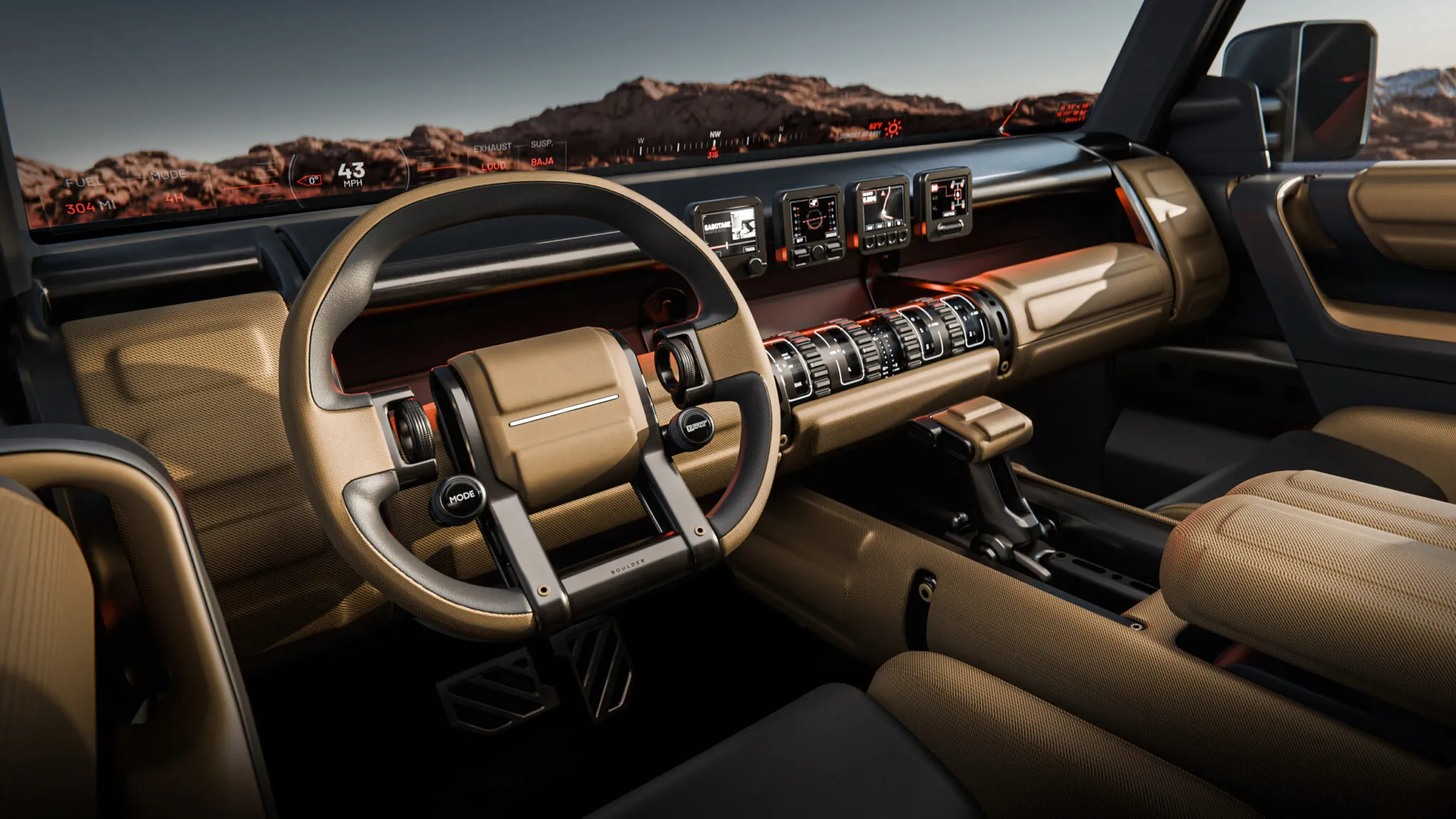 Hyundai Boulder concept dashboard closeup showing minimalist physical controls and mini displays