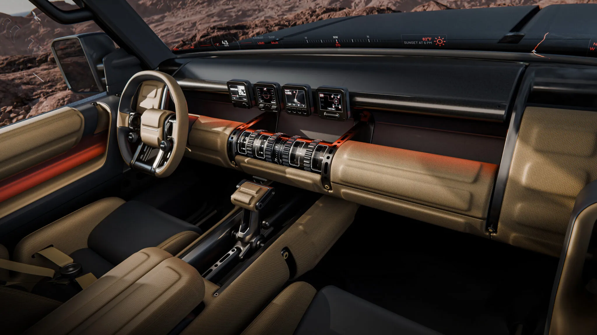 Hyundai Boulder concept interior with four mini displays, physical knobs, and robust materials